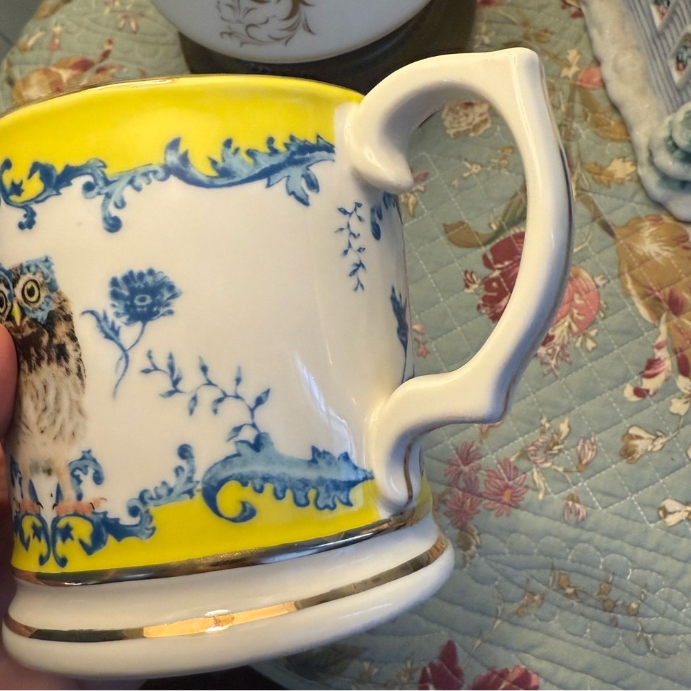 NWT Anthropologie Owl Coffee Tea Mug Nature Table Lou Rota Yellow & Blue Gold - Picture 3 of 6